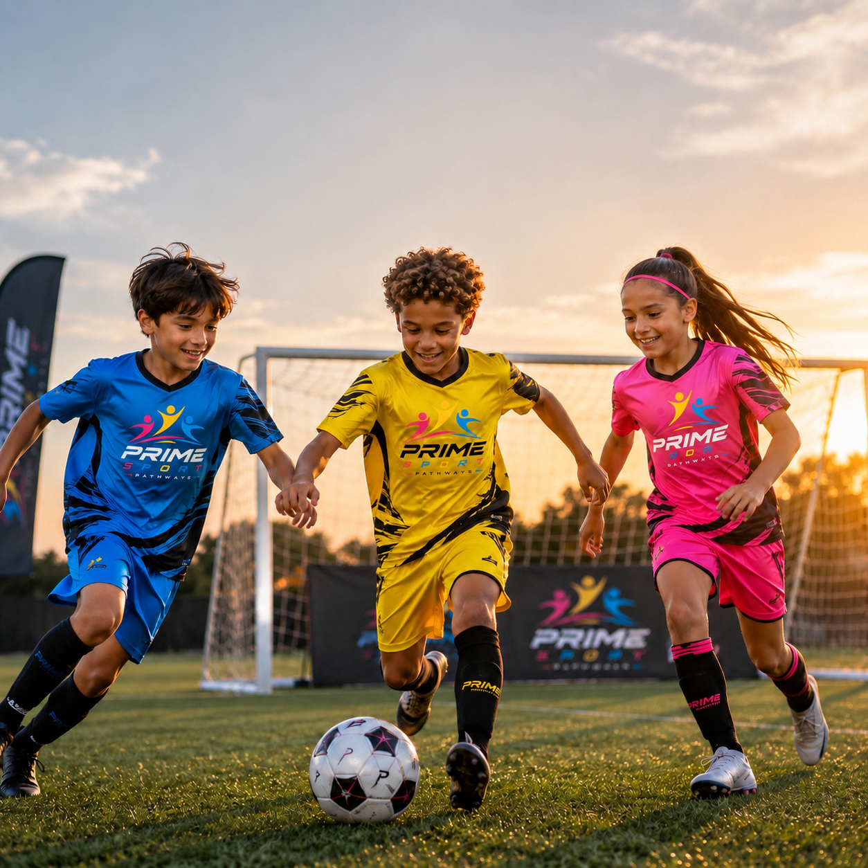 Three young Prime Sport Pathways players in branded kits competing for the ball